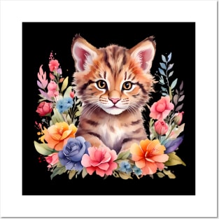 A cat decorated with beautiful watercolor flowers Posters and Art